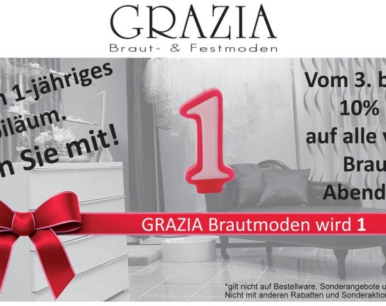 Grazia Brautmoden Castrop-Rauxel  1-jähriges Jubiläum mit 10% Rabatt